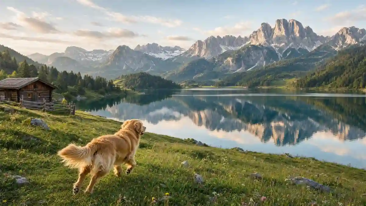 Ein Hund läuft frei über eine Almwiese in Oberbayern, im Hintergrund spiegelt sich das Alpenpanorama in einem ruhigen See.