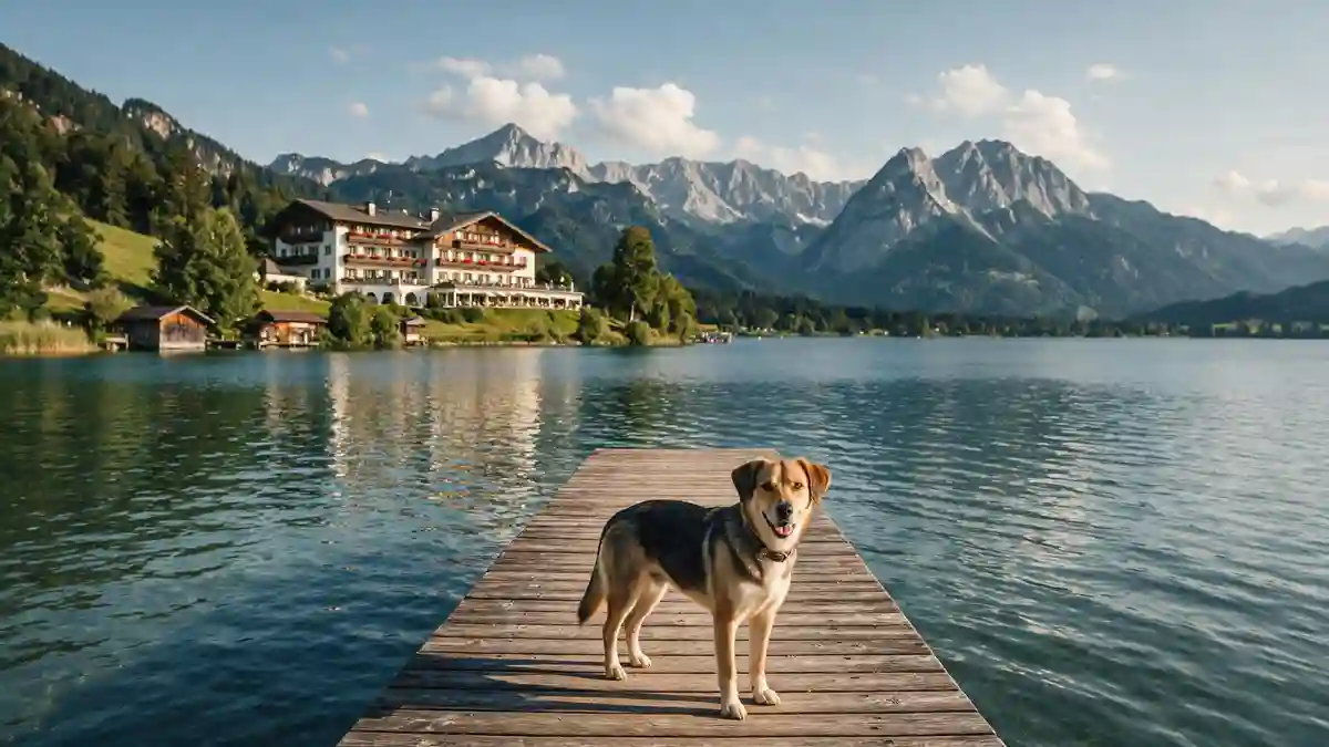 Hund-Badesteg-Chiemgau-Oberbayern Ein Hund steht an einem Holzsteg am Ufer eines bayerischen Sees, im Hintergrund sind die Alpen und ein hundefreundliches Hotel zu erkennen.