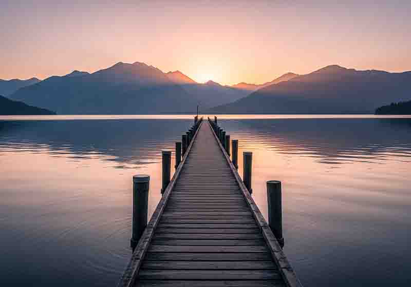 Ein langer Holzsteg führt bei Sonnenuntergang auf den ruhigen Chiemsee, im Hintergrund die Silhouette der Chiemgauer Alpen unter einem rosa-orangefarbenen Himmel.