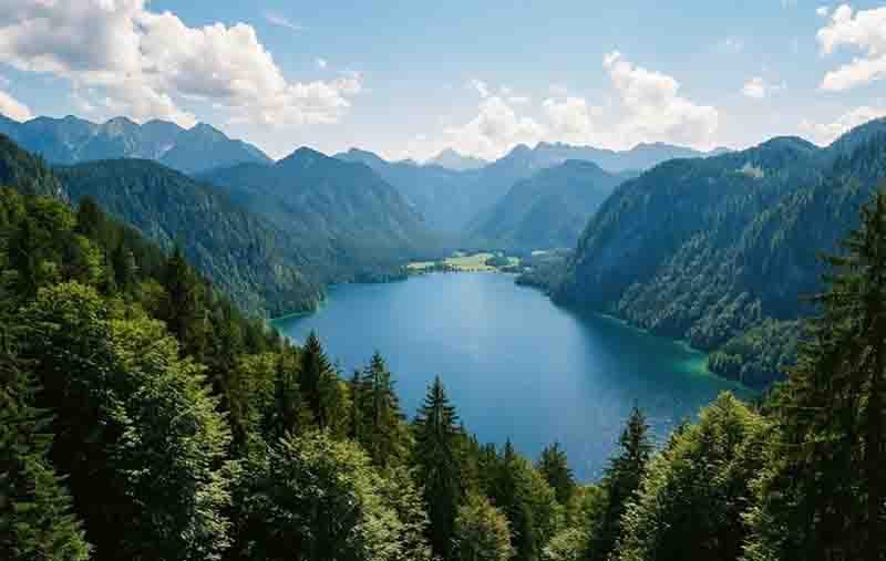 Aussicht von einem bewaldeten Berghang auf den Tegernsee in den bayerischen Alpen.